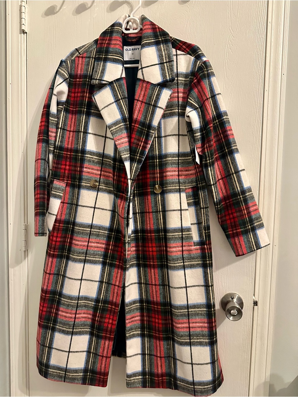 Old Navy Women’s White Tartan Plaid Long Slouchy Double-Breasted Coat - Picture 6 of 9